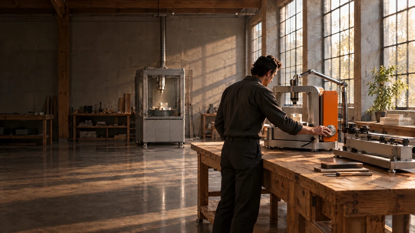A builder adjusting a machine’s control knob while inspecting the device in a sunlit workshop.