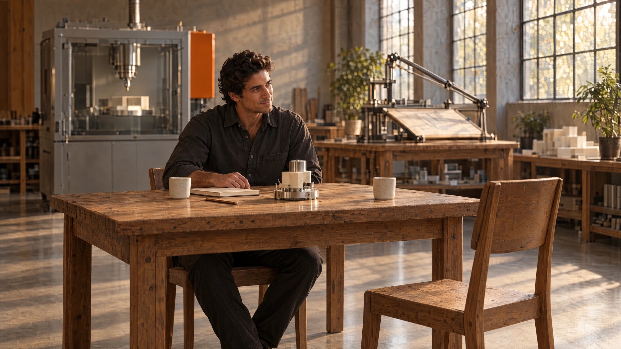 An open seat across an oak table from a builder, with a prototype ready to discuss in a sunlit workshop.