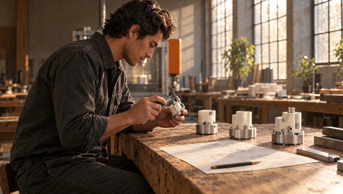 A founder tests a series of small prototypes at a sunlit workshop bench.