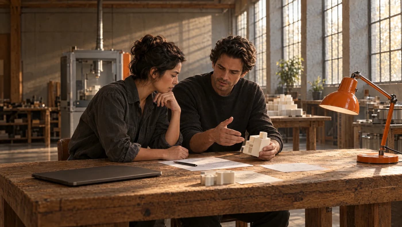 Two founders study a prototype and test notes together in a sunlit workshop.