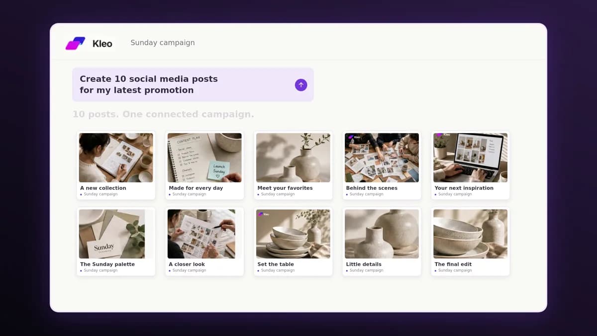 Kleo's creative workspace with social posts arranged in a content calendar, captured from the product film.