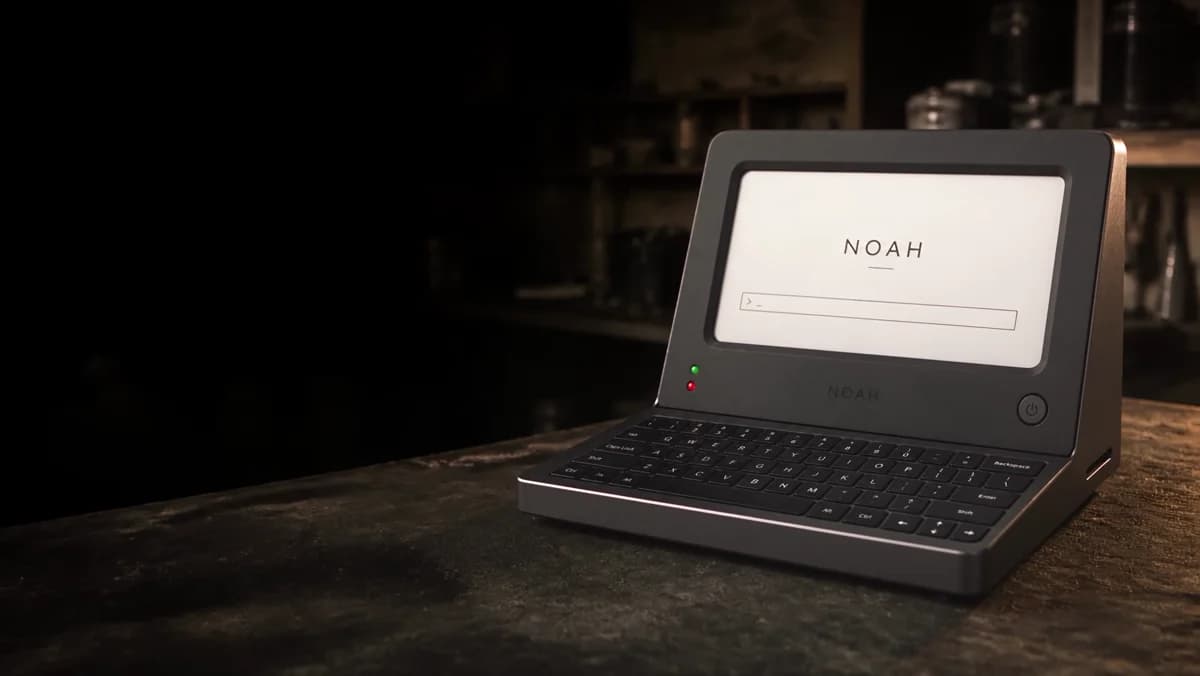 The full Noah device with its e-ink display and keyboard, captured from the product film.