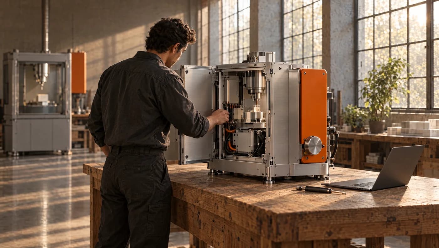 An engineer inspects an open modular platform system in a sunlit workshop.